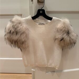 Alice + Olivia White Sweater with Faux Fur Accents